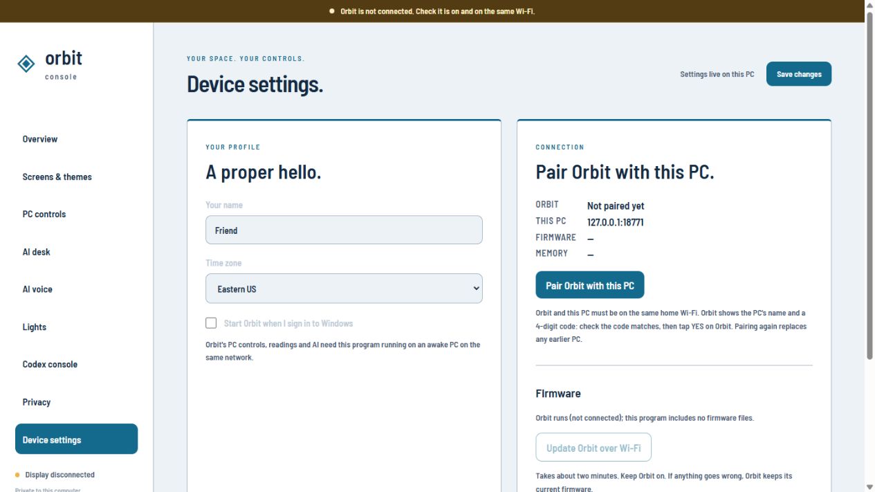 Orbit console: Device pairing and firmware