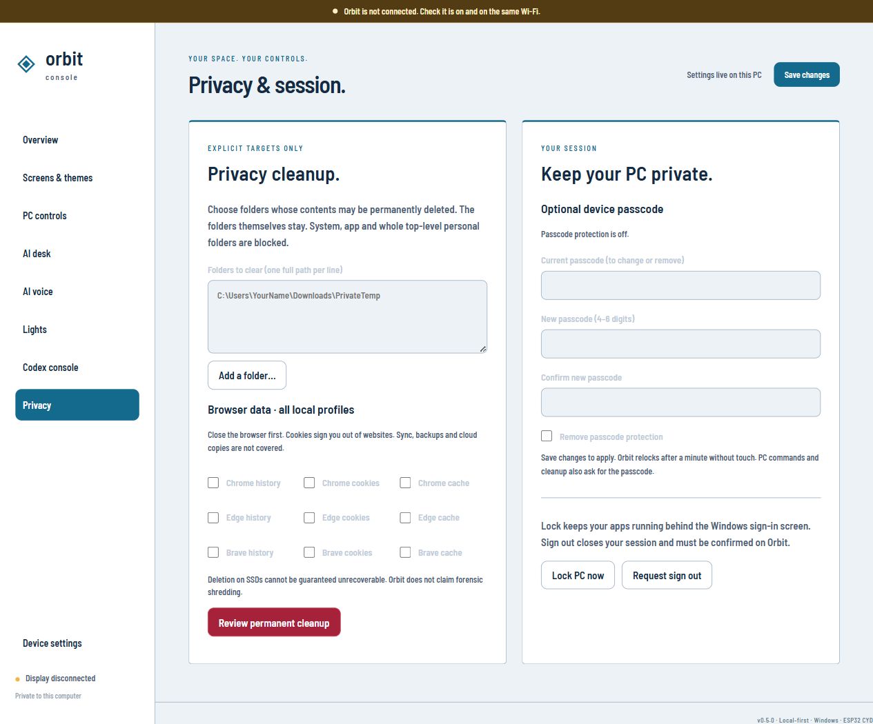 Orbit console: File deletion and session controls